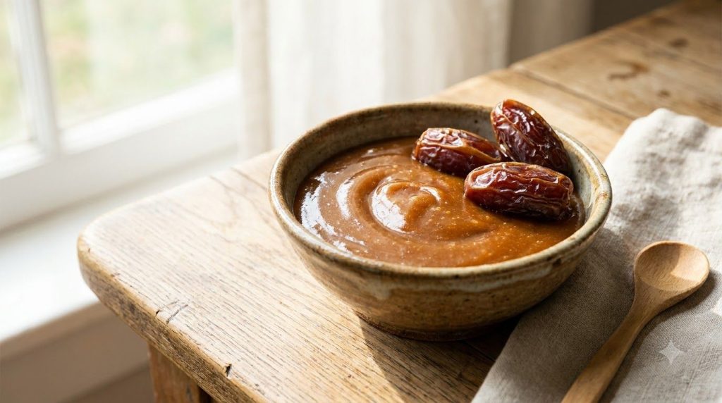 A bowl of creamy date caramel sauce with pitted dates scattered around The sauce is smooth and golden brown