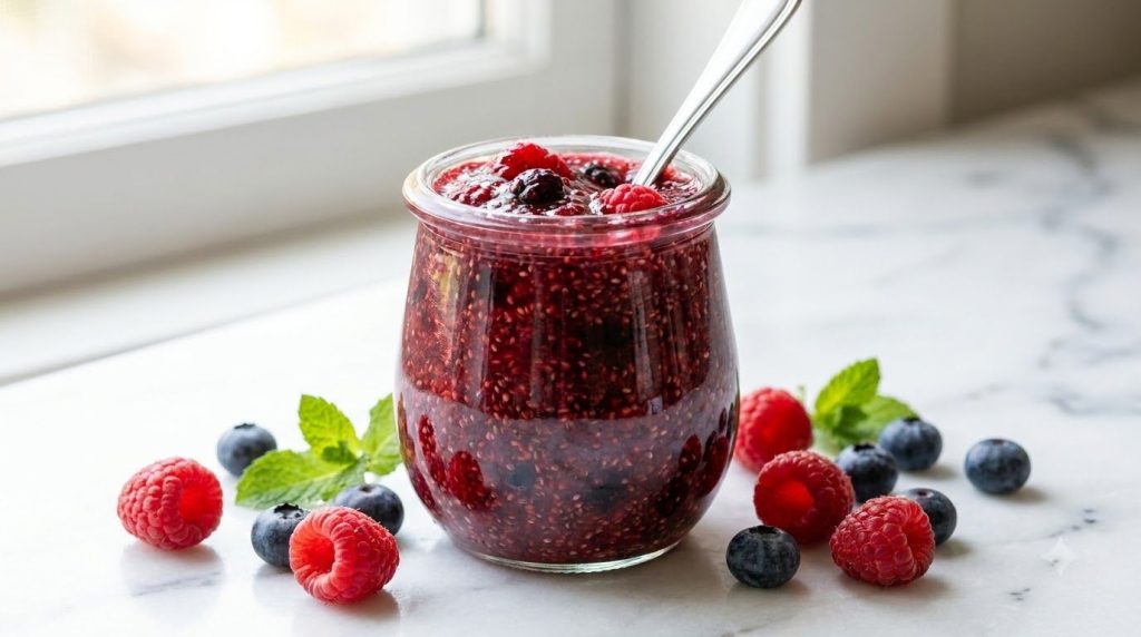 A glass jar of vibrant berry chia seed jam with fresh berries on the side and a spoon resting in the jar The jam has a s