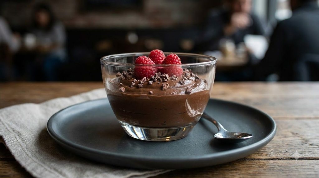 A small glass bowl of rich dark chocolate avocado mousse garnished with fresh raspberries or cocoa nibs