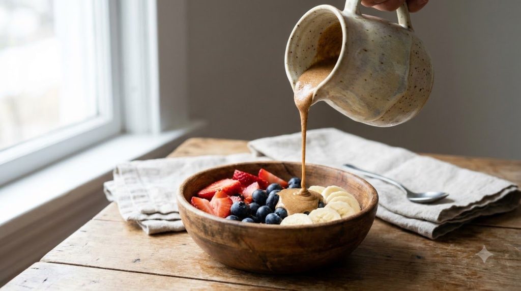 A small jug or bowl of smooth pourable almond butter drizzle with fruit slices or oatmeal in the background to show its 