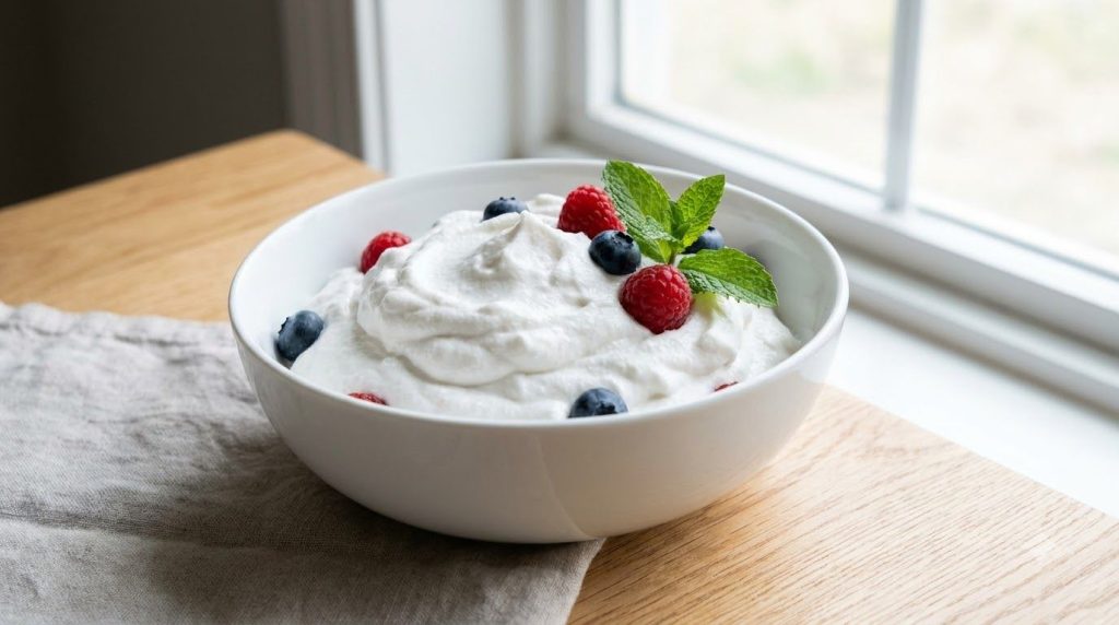 A bowl of fluffy coconut whipped cream garnished with fresh berries or mint ready to be served