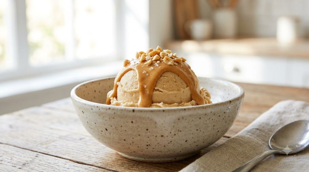 A scoop of creamy peanut butter nice cream in a bowl topped with a drizzle of peanut butter and a few chopped peanuts