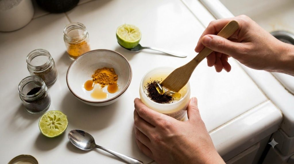 A collage of hands mixing Vaseline with natural ingredients like turmeric lime coffee and a vitamin E capsule