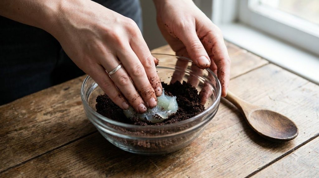 Close-up of hands mixing Vaseline with finely ground coffee in a small bowl creating a rich brown exfoliating scrub in a