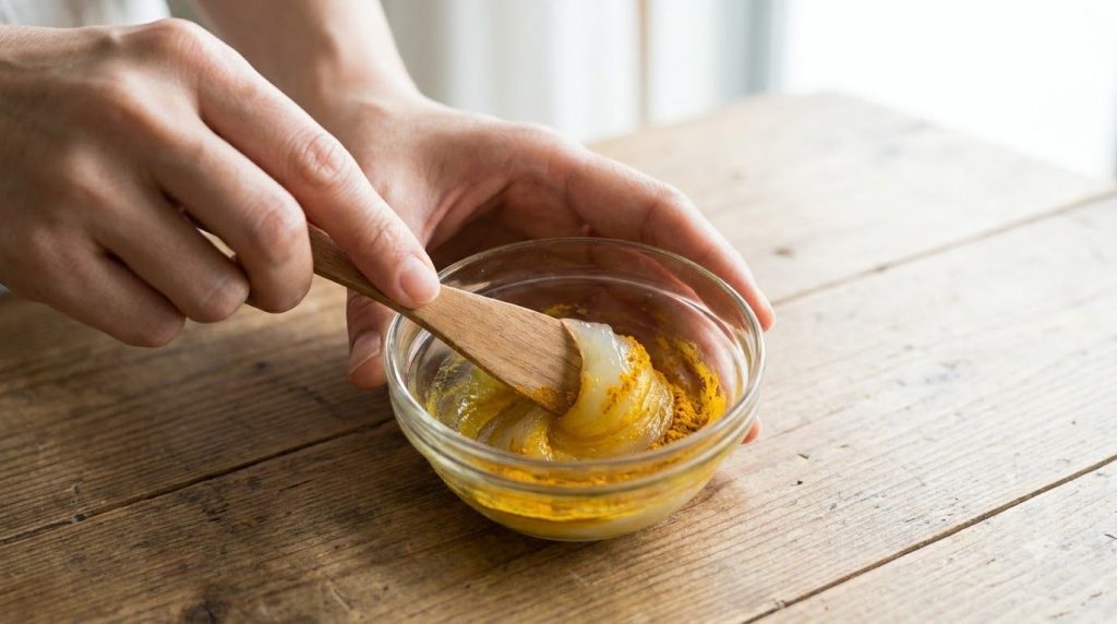 Hands gently mixing Vaseline with turmeric powder in a small bowl to create a glowing skin balm with a vibrant yellow co