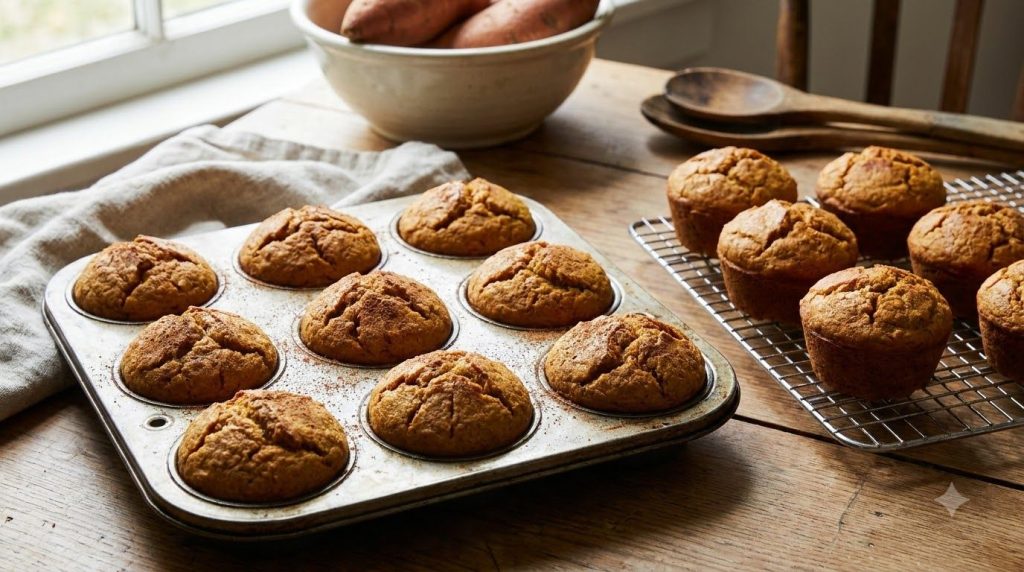Freshly baked sweet potato protein muffins golden brown tops with a slight domed shape some with a sprinkle of cinnamon 