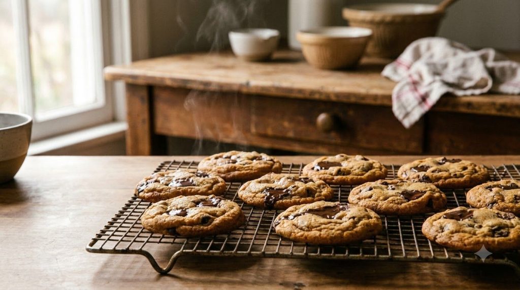 Warm freshly baked sweet potato chocolate chip cookies on a cooling rack The cookies are slightly golden brown with visi