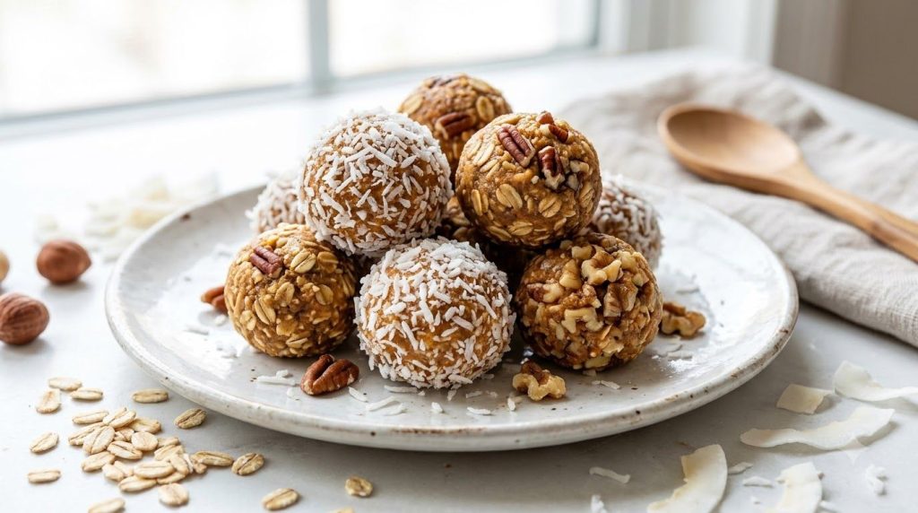 A small pile of round sweet potato energy bites some rolled in shredded coconut others with visible oats and nuts They a