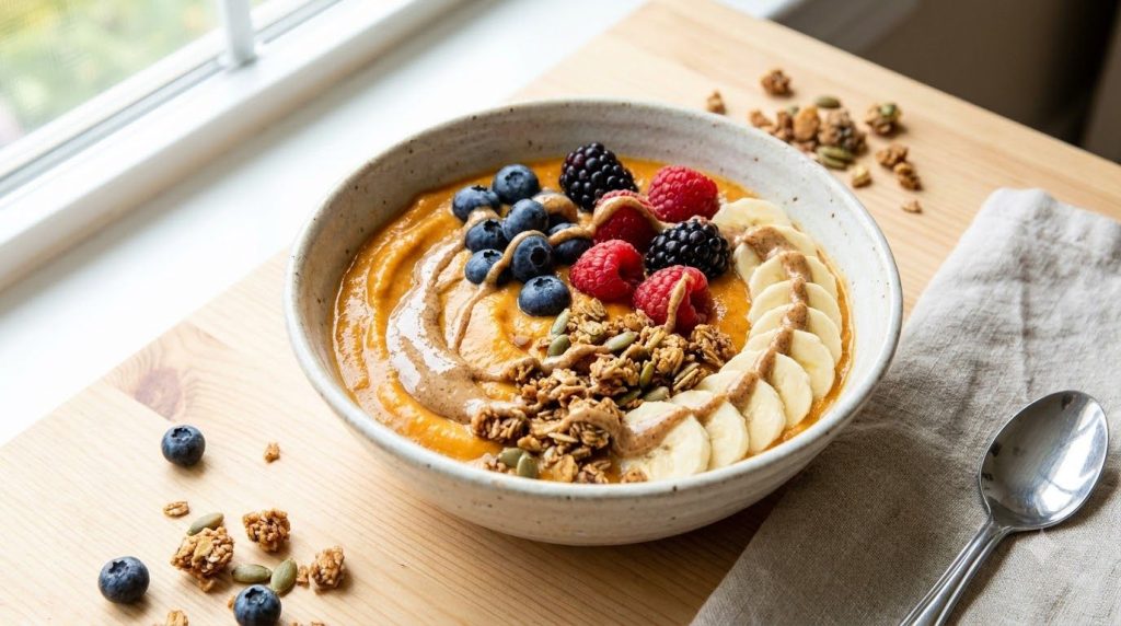 A vibrant and creamy sweet potato smoothie bowl topped with fresh berries sliced banana granola and a drizzle of nut but