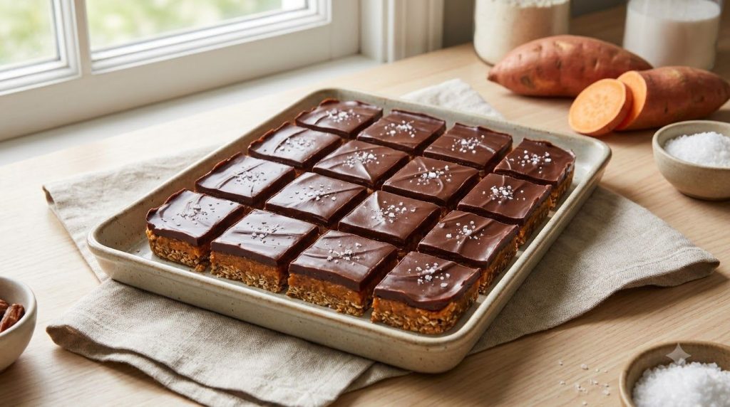 A tray of no-bake sweet potato bars cut into neat squares showing layers of an oat-sweet potato base and a chocolate top