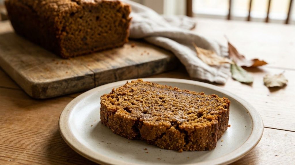 A slice of moist spiced sweet potato bread on a small plate with the rest of the loaf in the background The bread has a 