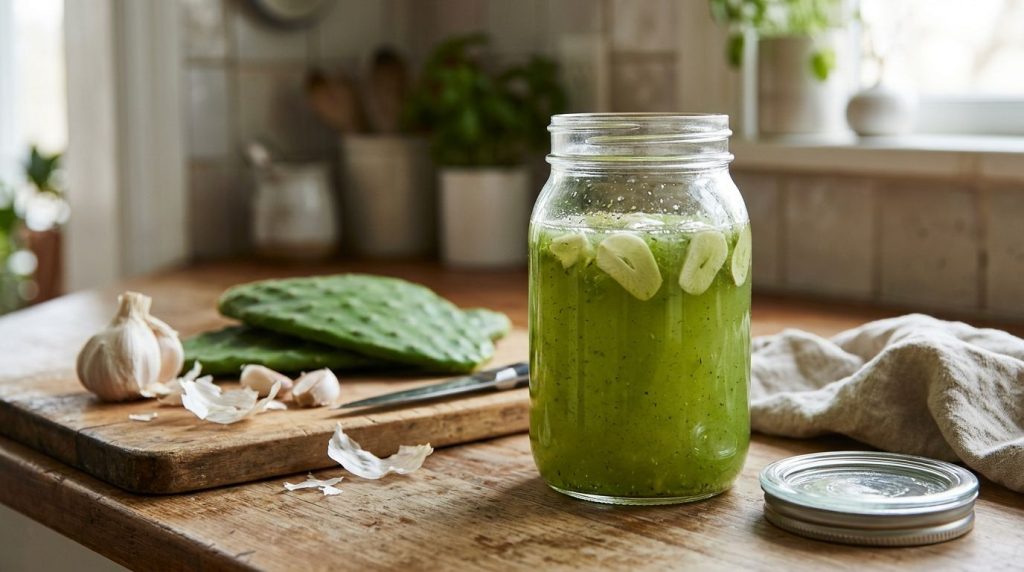 A clear glass jar filled with the prepared prickly pear pad elixir perhaps with a thin slice of garlic visible on a kitc