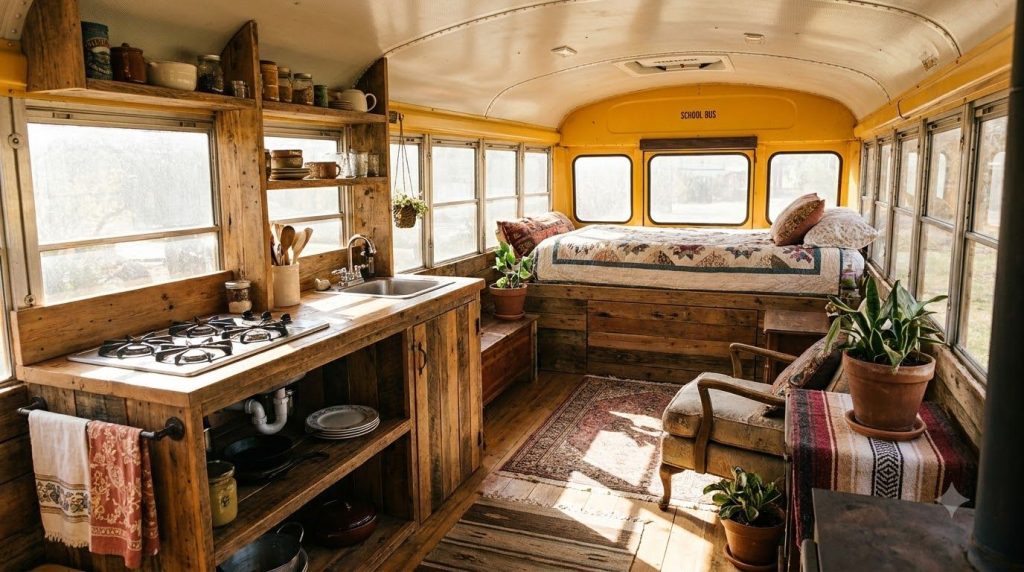 A cozy and functional interior of a converted school bus showing a small kitchen sleeping area and living space with war