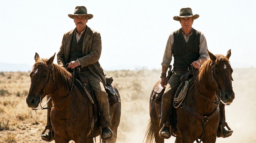 Paul Newman and Robert Redford in a scene from Butch Cassidy and the Sundance Kid both looking rugged and determined