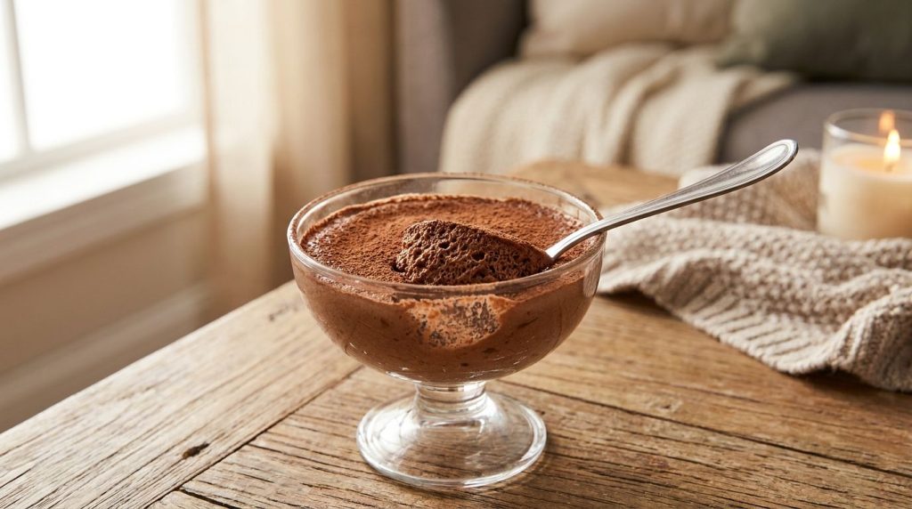 A decadent 3-ingredient chocolate mousse cheesecake in a glass serving dish with a light and airy texture A spoon is gen