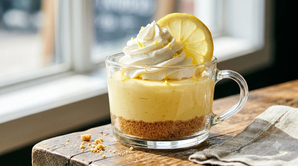 A single-serving lemon cheesecake in a clear glass mug topped with whipped cream and a lemon slice The layers of graham