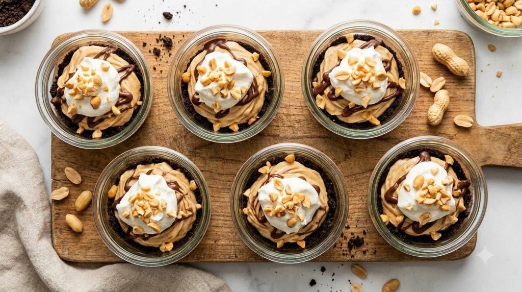 Individual no-bake peanut butter cheesecake cups with a crushed cookie crust and a dollop of whipped cream on top garnis