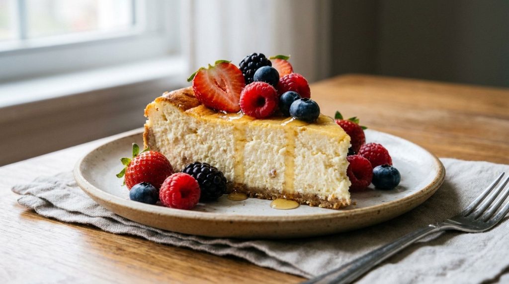 A slice of baked Greek yogurt cheesecake on a dessert plate showing a dense but creamy texture topped with fresh mixed b