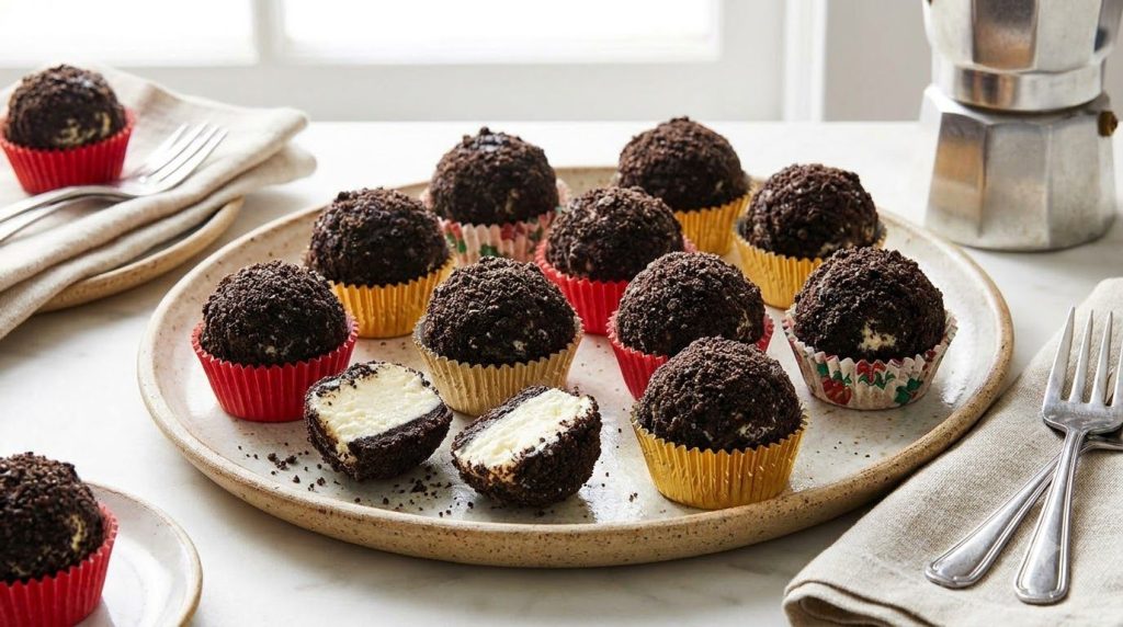 Small round Oreo cheesecake bites arranged on a serving platter Each bite is coated with crushed Oreos and has a creamy
