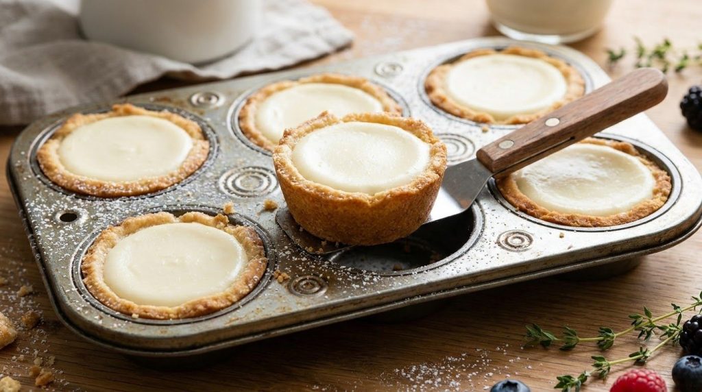 A close-up of several mini cheesecake tarts in a muffin tin with golden-brown edges and a creamy white filling One tart