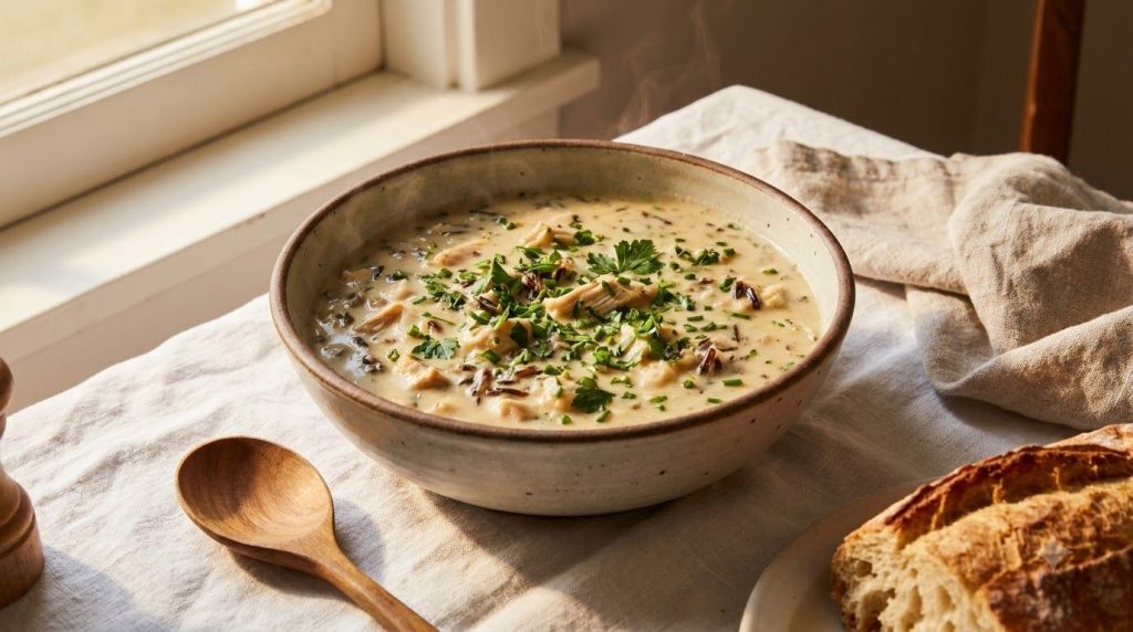 A black crockpot filled with creamy chicken and wild rice mixture showing flecks of herbs and chicken chunks Next to it 