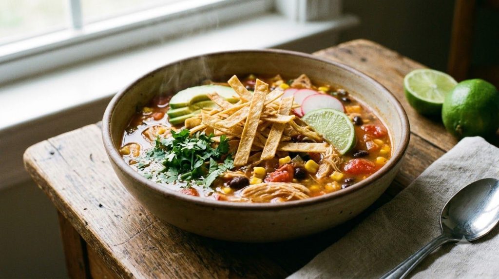 A black crockpot filled with creamy chicken tortilla soup garnished with crumbled tortilla chips Next to it a white bowl
