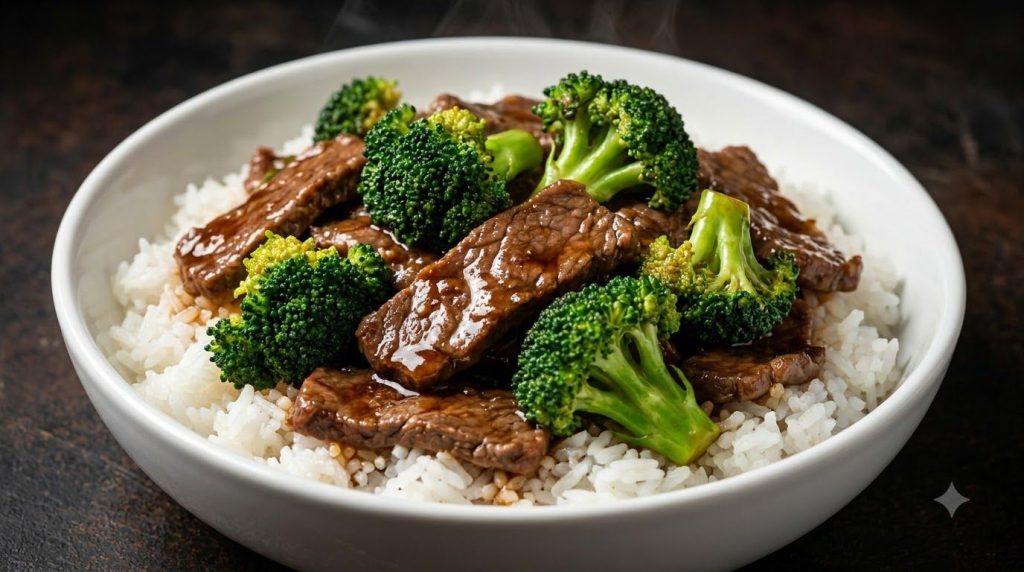 A black crockpot containing cooked beef and broccoli in a rich brown sauce Next to it a white bowl filled with the beef 