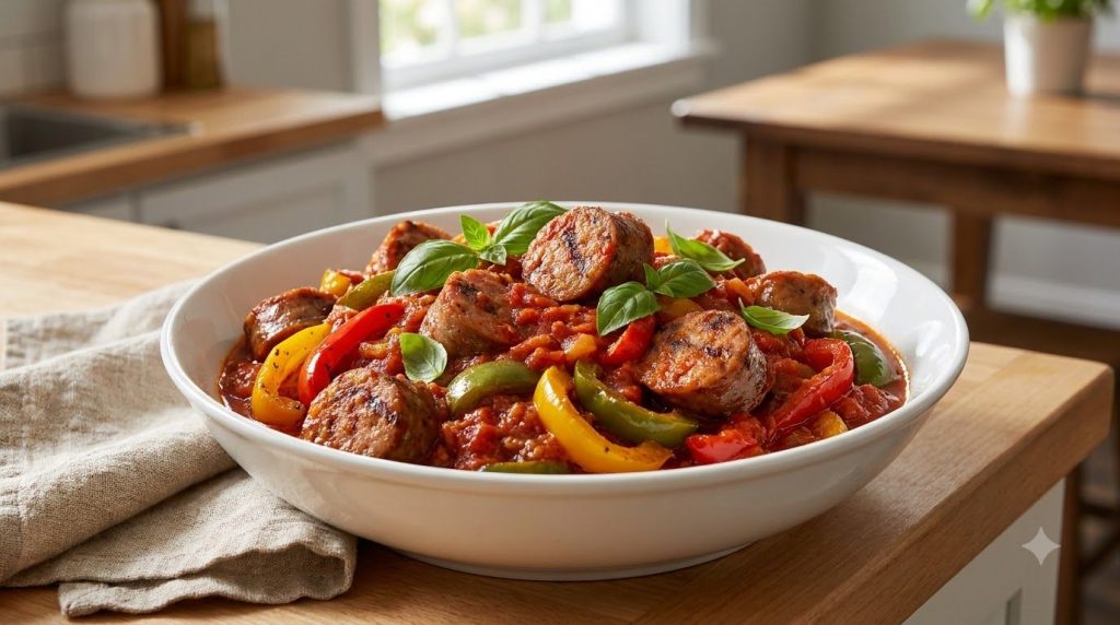 A black crockpot filled with sliced Italian sausage red yellow and green bell peppers and onions simmering in marinara s