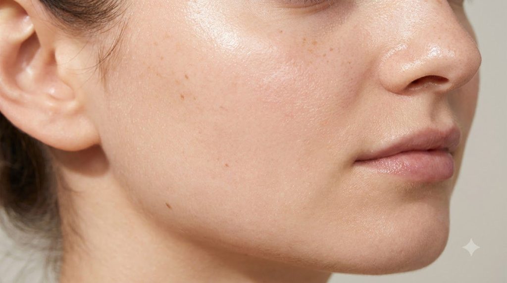 A close-up of smooth healthy-looking skin with a subtle glow demonstrating the desired outcome of a beauty routine