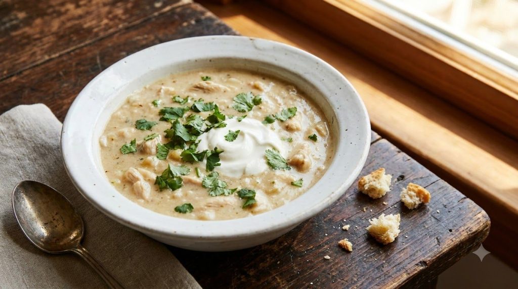 A black crockpot filled with creamy white chicken chili topped with some shredded cheese Next to it a white bowl of the 