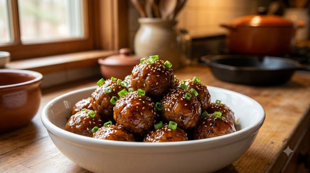A black crockpot filled with glistening honey garlic meatballs in a thick sauce Next to it a white bowl of the meatballs