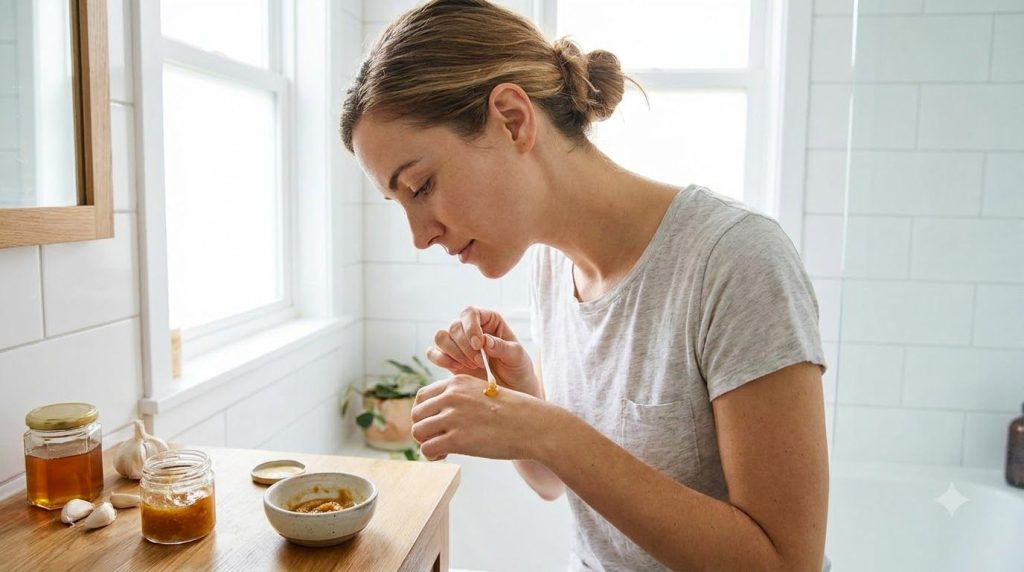 A woman carefully applying a small amount of garlic and honey paste to a specific spot on her hand with a cotton swab de