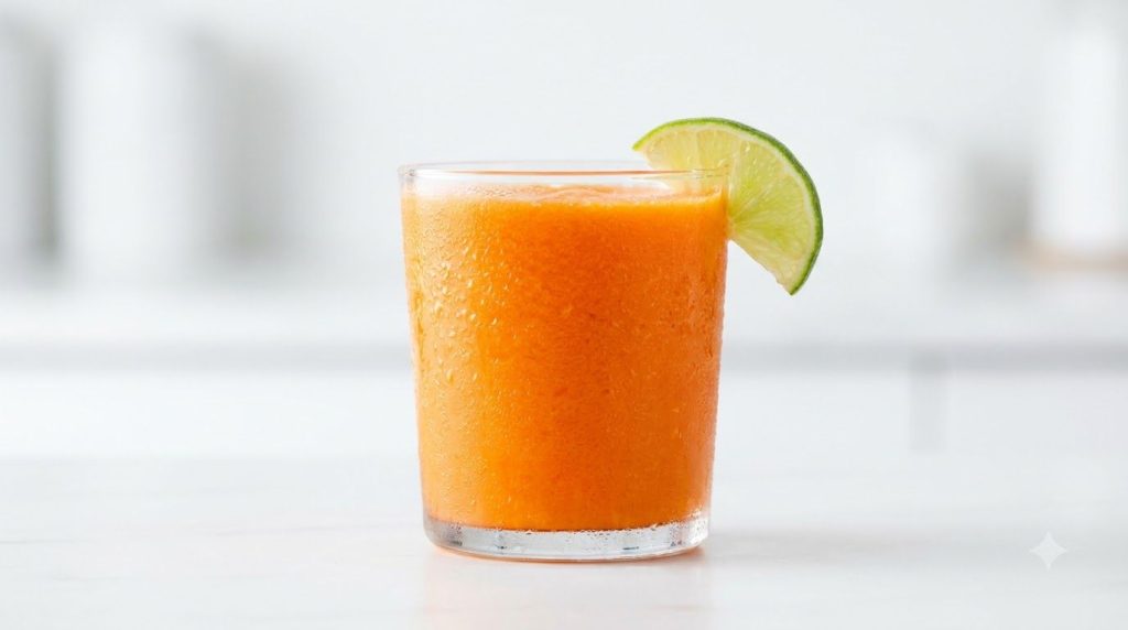 A close-up shot of the 7-Day Detox Smoothie in a clear glass showing a smooth bright orange texture with a few ice cubes
