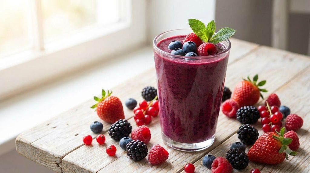 A rich deep purple berry smoothie in a glass with fresh mixed berries blueberries raspberries scattered around it on a c