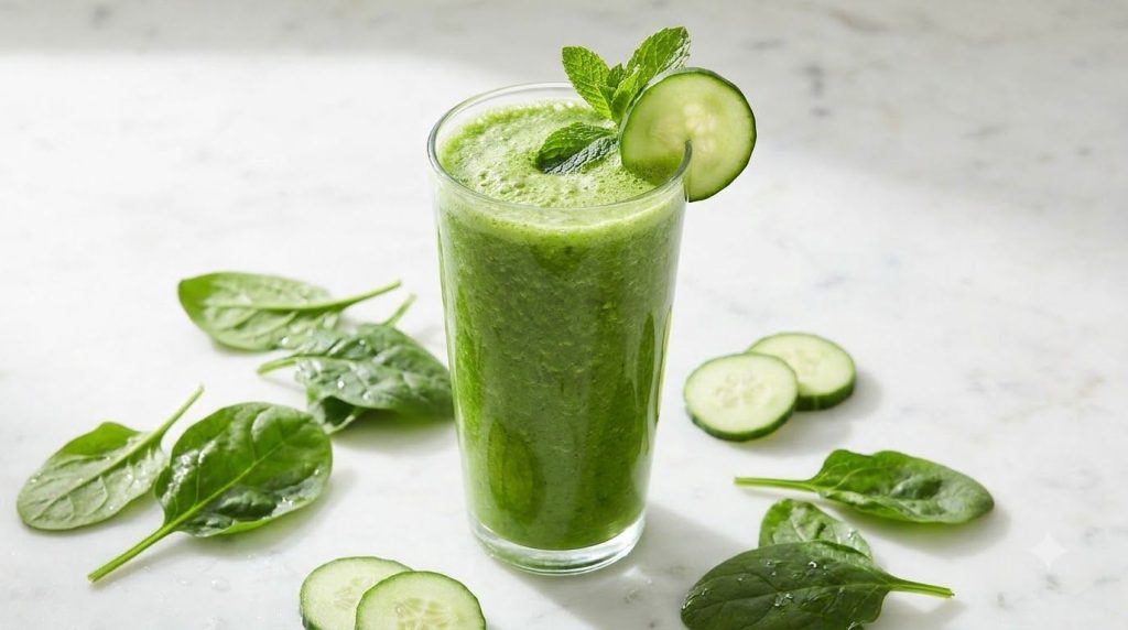 A vibrant green smoothie in a glass with spinach and cucumber visible in the background The drink looks fresh and health