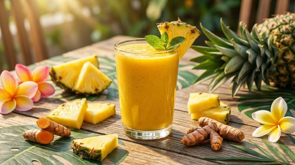 A bright yellow-orange tropical smoothie in a glass with slices of pineapple and a knob of turmeric visible in the backg