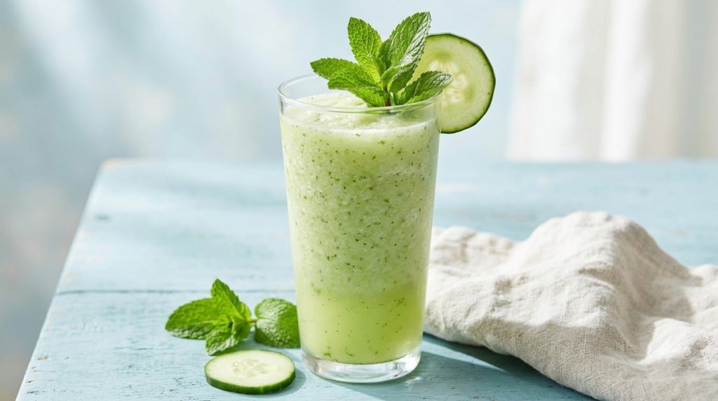 A clear glass filled with a light green cucumber mint smoothie garnished with a fresh mint sprig and a thin cucumber sli