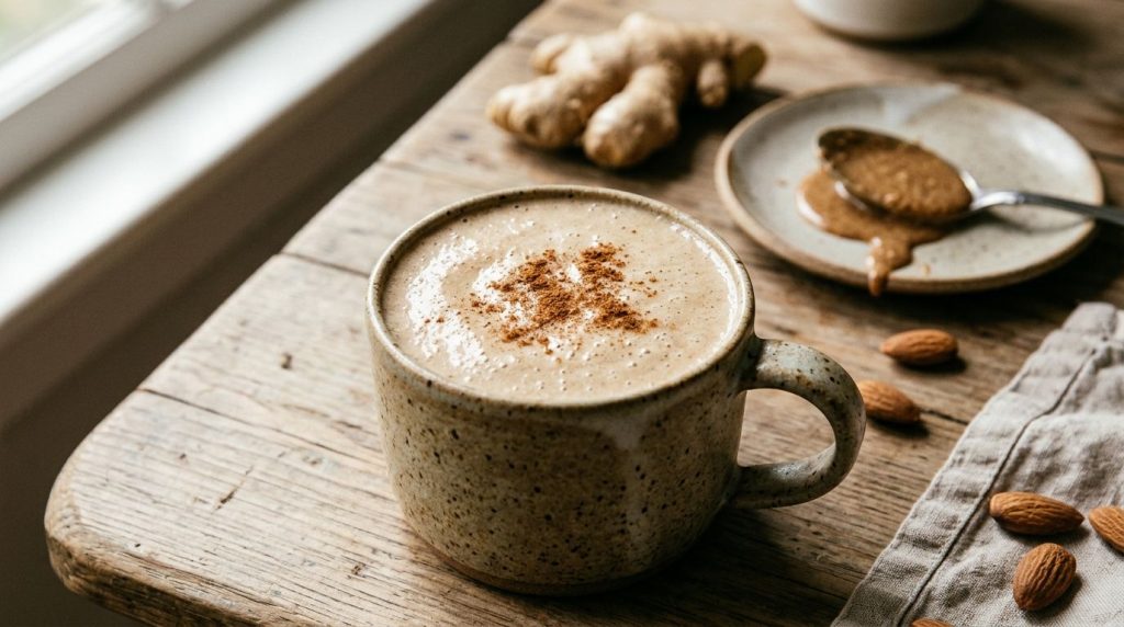 A creamy light brown almond ginger spice smoothie in a mug or glass topped with a sprinkle of cinnamon A piece of ginger