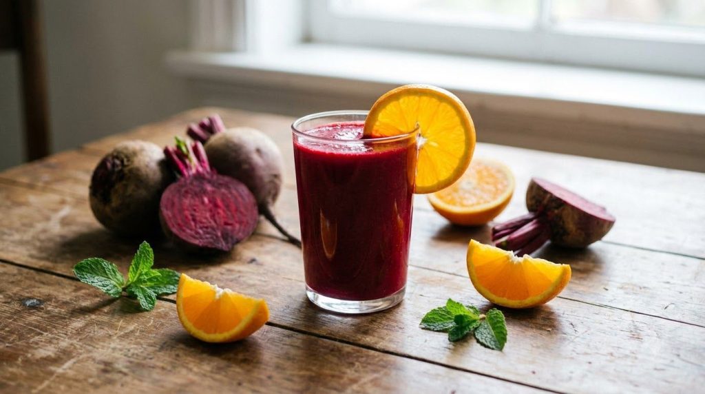 A deep red beetroot smoothie in a glass with a slice of orange and a small piece of beetroot near the glass The color is