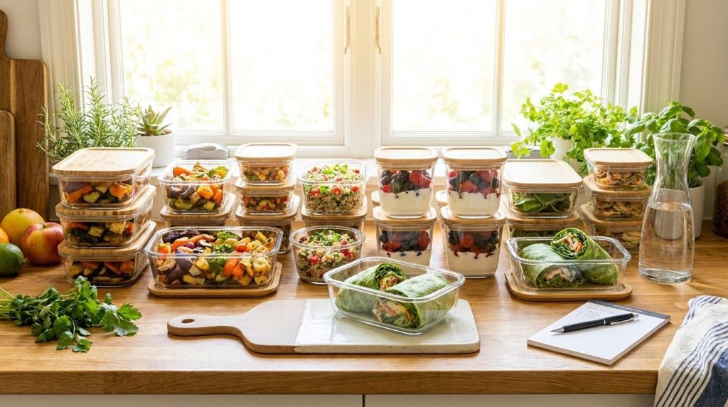 A variety of colorful prepped healthy meals in glass containers ready for the week
