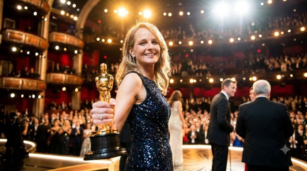 Helen Hunt accepting her Academy Award for Best Actress for As Good as It Gets at the Oscars She is smiling holding the 