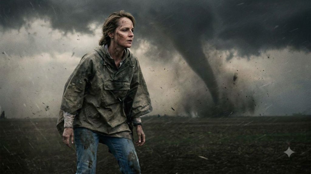 Helen Hunt in a dramatic scene from the movie Twister with a tornado in the background