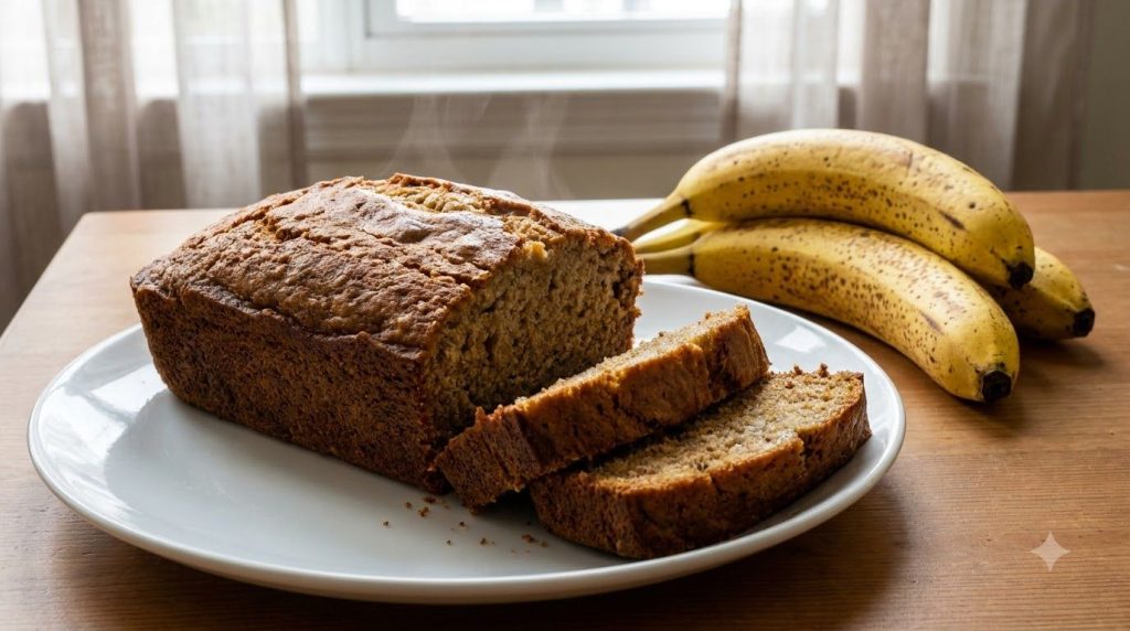 A moist golden-brown banana bread loaf sliced and arranged on a simple white plate with a few fresh banana slices beside
