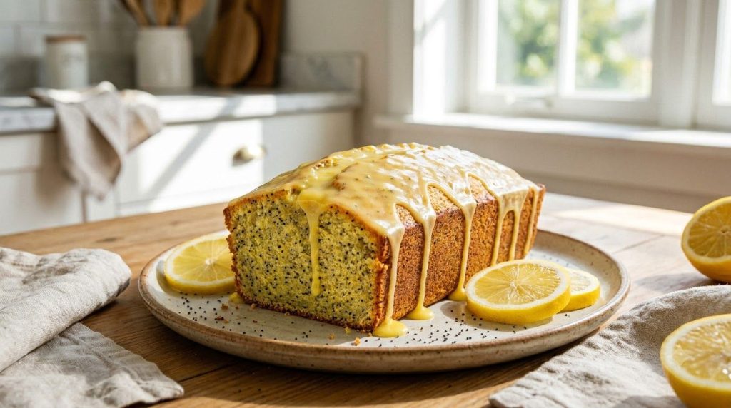 A beautiful lemon poppy seed loaf with a bright lemon glaze drizzled over the top set on a white plate with lemon slices