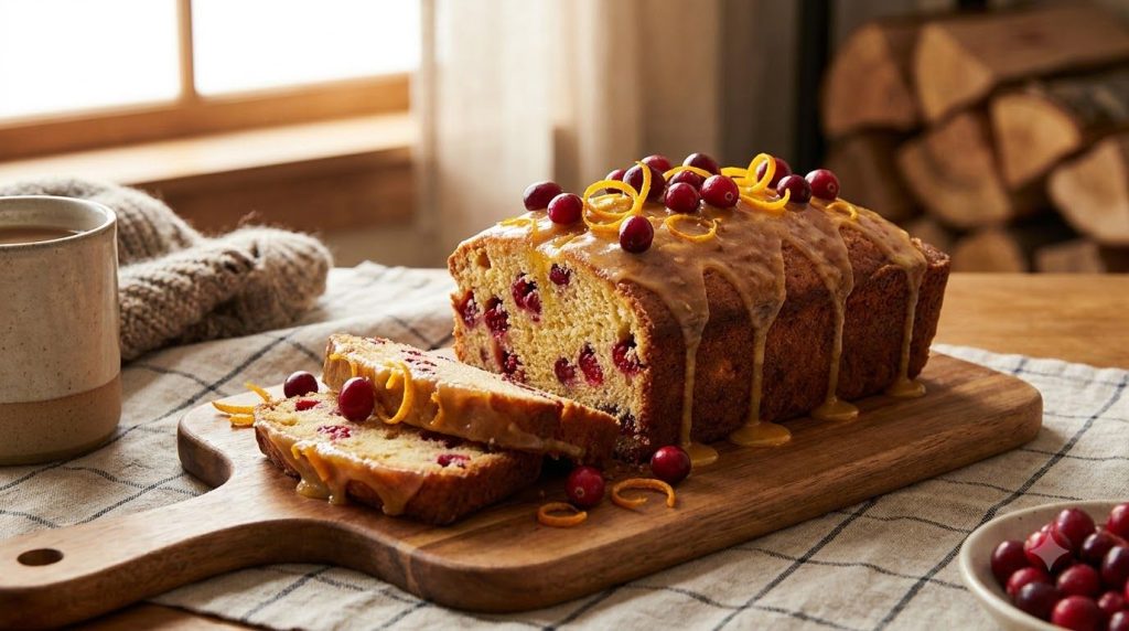 A festive cranberry orange loaf topped with a light orange glaze and sprinkled with orange zest and fresh cranberries on