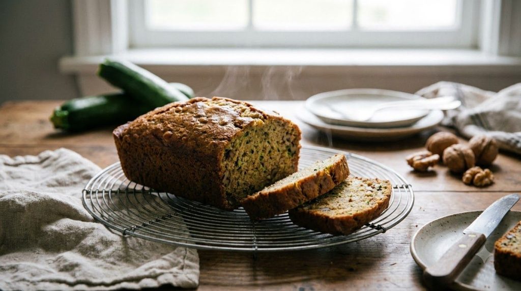 A rustic zucchini bread loaf freshly baked and sliced showing flecks of green zucchini It s on a cooling rack with a few