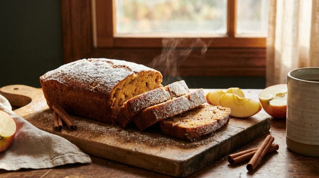 A warm apple cinnamon loaf dusted with powdered sugar or a light glaze sliced on a wooden board with fresh apple slices 