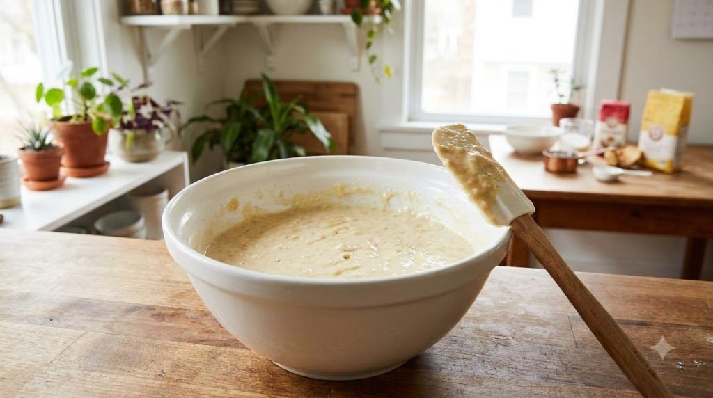 Banana bread batter in a mixing bowl with a rubber spatula