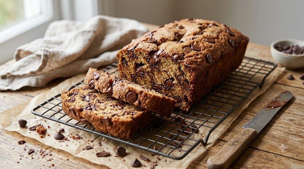 A rich golden-brown chocolate chip loaf generously studded with melted chocolate chips sliced on a wire rack with a few 