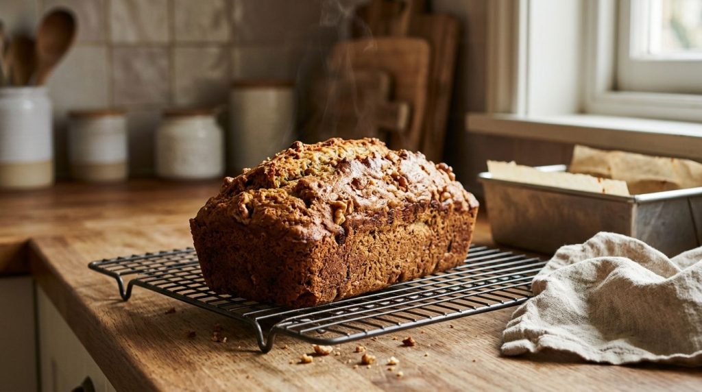 A freshly baked loaf of golden-brown banana bread on a wire cooling rack